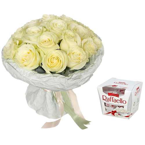 Фото товара Букет "Сніжна троянда" та Raffaello з категорії букетів среднец ціни  в Самборі