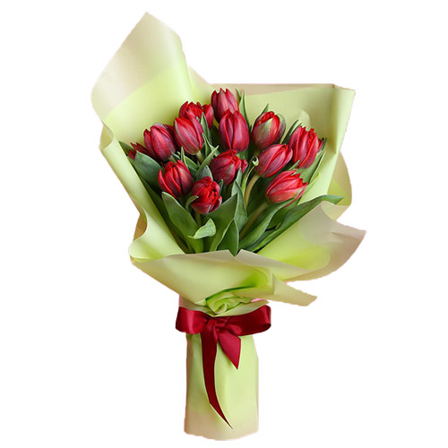 Фото товара 15 червоних тюльпанів у зеленій упаковці в Самборі