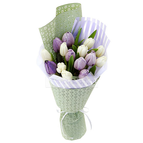 Фото товара 15 біло-фіолетових тюльпанів в Самборі