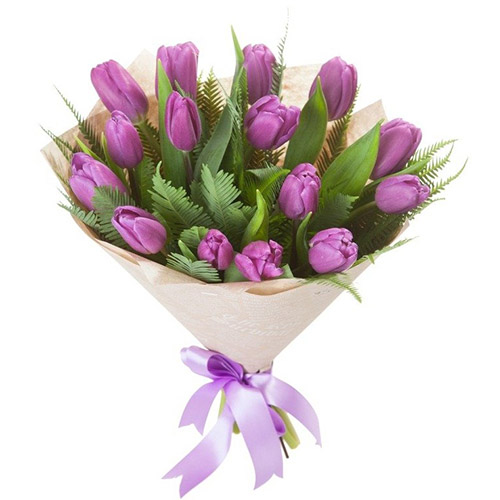 Фото товара 15 фіолетових тюльпанів з декором в Самборі