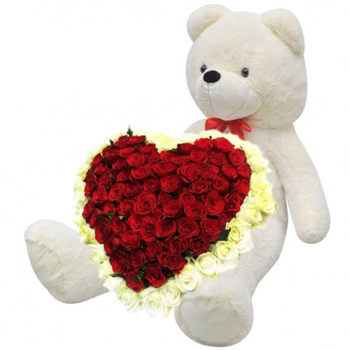 Фото товара Серце 101 троянда і великий ведмедик з категорії найбільш шикарних букетів  в Самборі