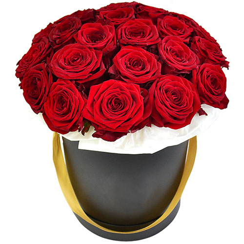 Фото товара 21 червона троянда в капелюшній коробці з категорії букетів среднец ціни  в Самборі