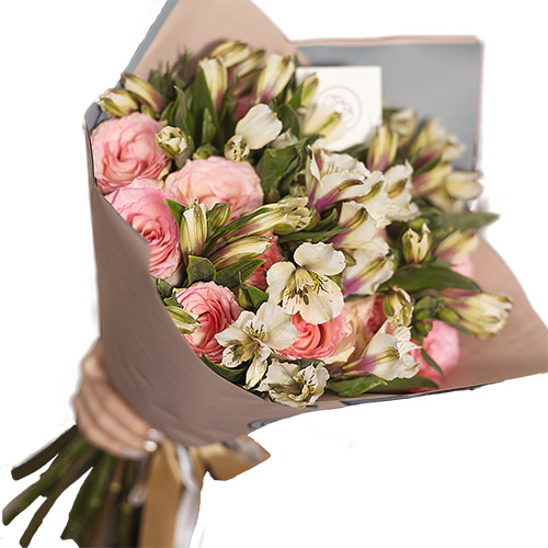 Фото товара Мікс рожевої троянди та альстромерії з категорії найбільш шикарних букетів  в Самборі